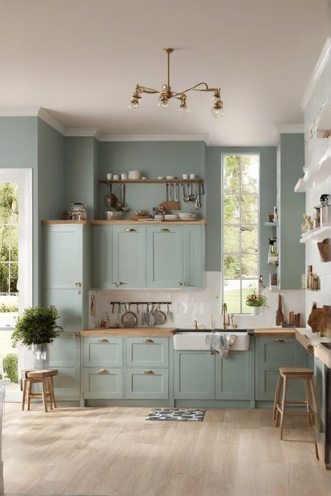 Durable, Beautiful, Kitchen Paint Sheen, 2024 Trends Greenish Blue Cabinets, Blue Green Kitchen Cabinets, Green Blue Kitchen, Blue And Green Kitchen, Blue Green Kitchen, Blue Green Paints, Green Kitchen Cabinets, Kitchen Surfaces, Dark Kitchen