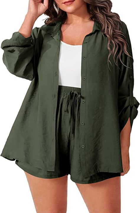 IN'VOLAND Women's Plus Size 2 Piece Outfits Cotton Linen Shirt and Drawstring Shorts Set Summer Casual Tracksuits 2023 Plus Size Cruise Outfits, Plus Size Shorts Outfit, Plus Size Summer Outfits, Special Clothes, Plus Size Summer, Tracksuit Women, Plus Size Shorts, Casual Sets, Outfits Casual