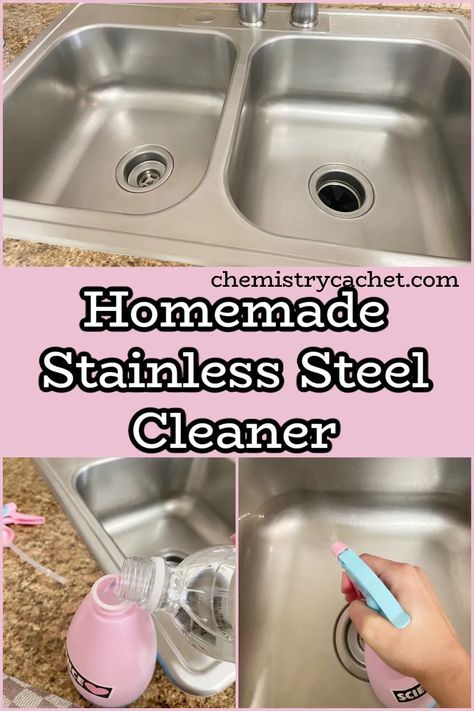 Want to add a shine to your stainless steel and remove water spots? 🌟 Discover our homemade stainless steel cleaner that's not only natural and science-based, but it's also super-easy to use. 🧪✨ Don't miss out on this fantastic cleaning tip! Follow Chemistry Cachet for more science-based cleaning tips! 😃 Diy Stainless Steel Cleaner, Stainless Steel Sink Cleaner, Homemade Stainless Steel Cleaner, Best Stainless Steel Cleaner, Hard Water Spots, Stainless Steel Fridge, Diy Cleaning Products Recipes, Homemade Cleaners, Stainless Steel Cleaner