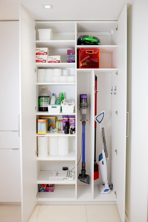 null Household Closet Organization, Laundry And Cleaning Closet, Cleaning Supply Storage Cabinet, Laundry Room Supply Closet, Mudroom Cleaning Supply Storage, Closet For Vacuum And Cleaning Supplies, Organizing Utility Closet, Organize Utility Closet, Storage Cupboard Ideas Hall Closet