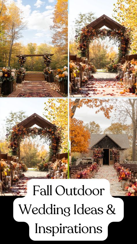 A beautifully decorated fall outdoor wedding ceremony with warm autumn colors, featuring seasonal floral arrangements, rustic decor, and a cozy, intimate setup under a clear sky surrounded by vibrant fall foliage. Fall Backyard Wedding Decor, Outdoor Wedding Fall Ideas, Mums At Wedding Ceremony, Fall Wedding Outdoor Ceremony, Small Fall Backyard Wedding, Fall Isle Decorations Wedding, Fall Wedding Aisle Decorations Outdoor, Fall Wedding Arches Outdoor, Wedding Themes For Fall