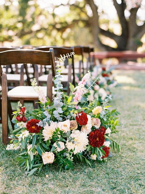 Burgundy Wedding Aisle, Burgundy Background Aesthetic, Burgundy Wedding Colors, Burgundy And Blush Wedding, Aisle Decorations, Aisle Flowers, Maroon Wedding, Blush Wedding Flowers, Jewel Tone Wedding