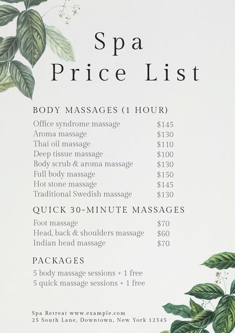 Spa price list editable poster template | premium image by rawpixel.com / Napas Massage Price List, Spa Menu Design, Mosque Poster, Spa Price List, Menu Spa, Price List Design, Spa Menu, Spa Prices, Price List Template