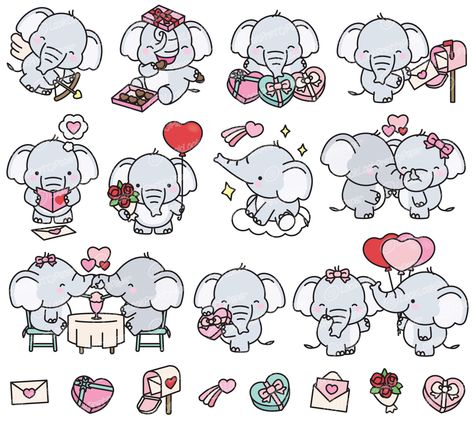 Mindful Doodles, Valentine Drawings, Valentine Doodles, Kawaii Elephant, Elephant Valentine, Elephant Clipart, Kawaii Valentine, Valentines Day Drawing, Easy Valentine Crafts