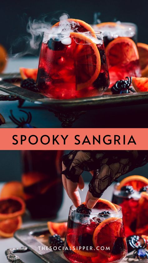 Spooky Party Food Ideas, Sangria Halloween Drinks, Spooky Halloween Sangria, Halloween Drink Table Ideas, Spooky Halloween Alcoholic Drinks, Psychic Party Decorations, Winery Halloween Party, Halloween Party Drink Ideas For Adults, Halloween Party Sangria