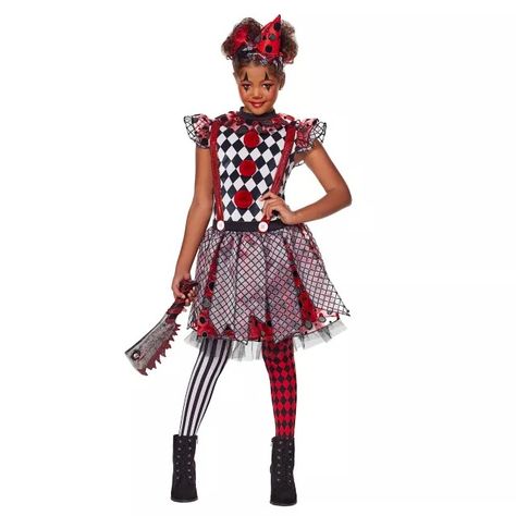 Kids Misfit Clown Costume - Spirithalloween.com Kids Clown Costume, Halloween Costumes Clown, Girl Clown Costume, Girl Clown, Red Checkered Dress, Home Halloween Costumes, Clown Halloween Costumes, Hat Headband, Cute Clown