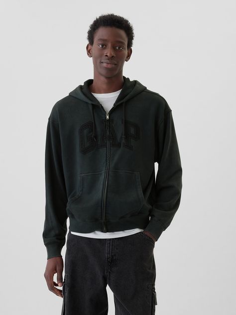 Soft cotton-blend hoodie.  Hooded neckline with drawcords.  Long sleeves.  Zipper at front.  Gap arch logo at chest.  Kanga pockets.  Banded hem.  * Fit: Over Gap Jacket Outfit, Zipped Hoodie Outfit, Gap Zip Up Hoodie Outfit, Cropped Zip Up Hoodie Outfit, Zip Up Hoodie Outfit Men, Black Zip Up Hoodie Outfit, Gap Hoodie Outfit, Gap Hoodies, Hoodie Reference