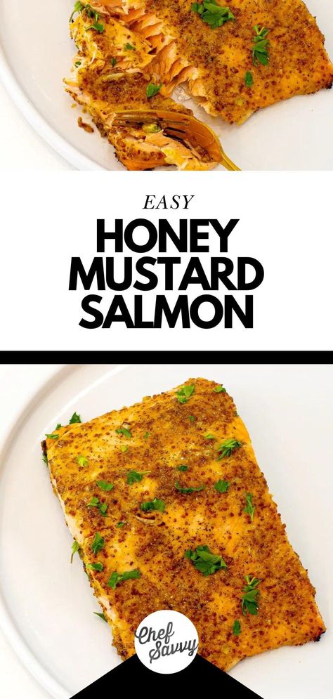 Save this Easy Baked Honey Mustard Salmon Recipe. This Honey Mustard Salmon is an easy-to-make dish that is quick and nutritious! Marinated with a blend of honey, mustard, and spices, this salmon has the perfect combination of sweet and tangy flavors that goes with all of your favorite side dishes! Follow Chef Savvy for more Lunches and Dinners! Honey Mustard Salmon Recipes, Chef Savvy, Honey Mustard Salmon, Mustard Salmon, Marinated Salmon, Family Friendly Recipes, Healthy Salmon, Honey Mustard Sauce, Baked Salmon Recipes