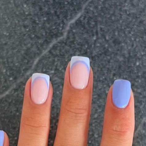 Aimee L Link on Instagram: "What’s better than a french mani? A double french 💅🏼💓 Using @glitterbels Cookie cream builder gel Martini, please Pastel blue Rings all @bohomoon 🩶 Save this for your next nail set 🩷 #bluenails #frenchmanicure #colouredfrenchtips #shortsquarenails #buildergel" French Manicure Blue, Double French Manicure, Martini Please, Short Square Nails, Builder Gel, Cookies And Cream, French Manicure, Blue Rings, Blue Nails