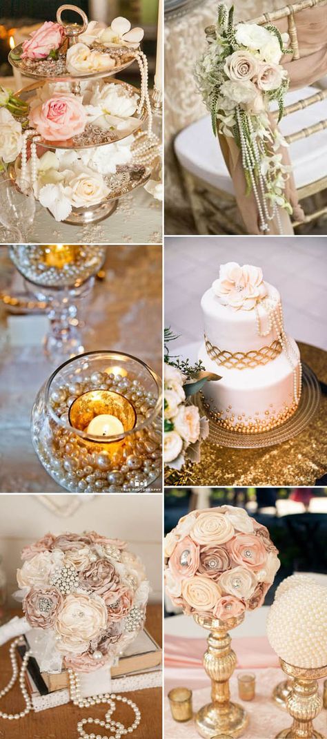 vintage wedding decor ideas with pearl details Vintage Bridal Shower Cake, Latern Decor, Vintage Wedding Decorations Elegant, Pearl Wedding Decorations, Wedding Decorations Elegant, Vintage Romance Wedding, Pearl Anniversary, Fun Wedding Decor, Vintage Bridal Shower