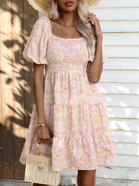 Free Returns ✓ Free Shipping✓. SHEIN VCAY Allover Floral Print Shirred Puff Sleeve Ruffle Hem Dress- Women Dresses at SHEIN. Square Neck Dress, Ruffle Hem Dress, Puffed Sleeves Dress, Dress For Short Women, Embroidery Dress, Tiered Dress, Hem Dress, Kids Beachwear, Primavera Estate