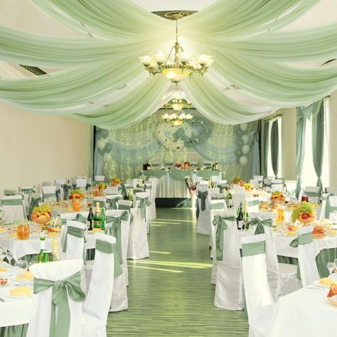 Chiffon Draping, Green Quinceanera Theme, Ceiling Drapery, Ceiling Drapes, Quince Decor, Wedding Ceiling, Ceiling Draping, Wedding Archway, Ceiling Curtains