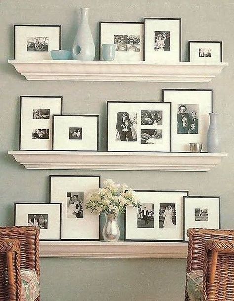 crown+molding+shelves | simply beautiful...crown molding shelves | Dream Home Photowall Ideas, Vibeke Design, Basement Family Room, Diy Casa, Estantes Flotantes, Wall Gallery, Hallway Decorating, New Wall, Home Staging