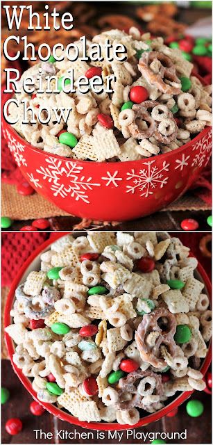 White Chocolate Reindeer Chow ~ Super easy to make and loaded with that sweet-&-salty combo we love, Reindeer Chow is a must-have holiday treat that EVERYone will love! Enjoy it for Christmastime snacking, lunch box packing, or holiday gifting from the kitchen. www.thekitchenismyplayground.com Christmas Chow Chex Mix Recipe, Christmas Chow Mix Reindeer Food, Reindeer Chow Recipe Holidays, Reindeer Mix Recipe White Chocolate, Favorite Christmas Treats, Christmas Reindeer Food Recipe, White Chocolate Reindeer Chow, Reindeer Trail Mix Christmas Snacks, Christmas Reindeer Chow Recipe