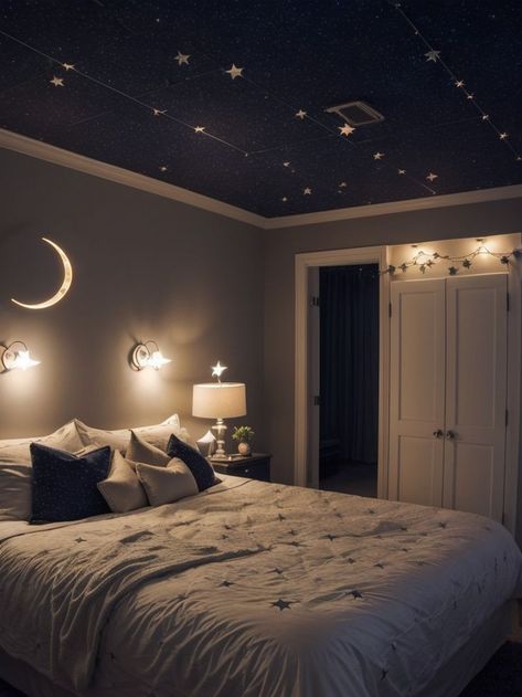 Create a celestial-inspired bedroom by incorporating night lights that mimic stars and planets. Hang a moon-shaped lamp on the wall, place constellation projectors around the room, and add string lights in the shape of stars for a dreamy ambiance. Planet Bedroom Aesthetic, Star Themed Room Aesthetic, Celestial Themed Room, Constellation Bedroom, Celestial Bedroom Aesthetic, Room String Lights, Bedroom Revamp, String Lights In The Bedroom, Home Decor Wallpaper