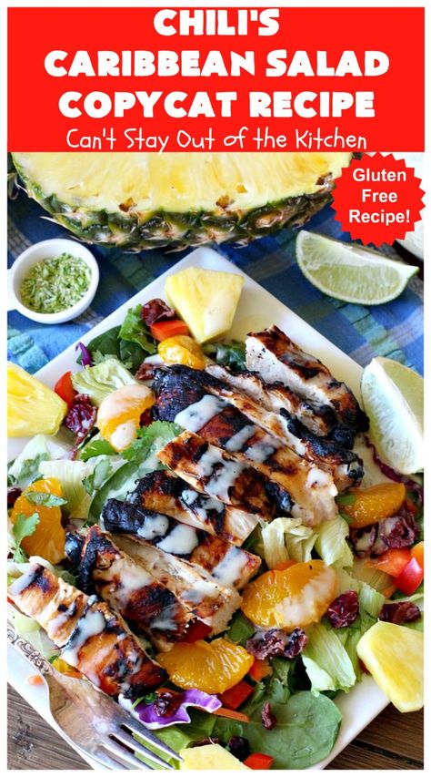 Island Salad Recipes, Chilis Carribean Chicken Salad, Copycat Chilis Citrus Balsamic Dressing, Loaded Southwest Chicken Salad + Homemade Honey Lime Dressing Recipe, Caribbean Summer Salad, Caribbean Salad Dressing, Pineapple Salad Dressing, Carribean Salad Recipes, Caribbean Salad Recipes