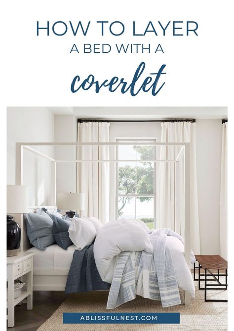 Coverlet And Duvet Layering, White Coverlet Bedding Ideas, White Bed Coverlet, Coastal Bedroom Paint Colors, Caostal Bedding, Overshot Coverlet, Coastal Bedroom Furniture, Beachy Bedroom, Coastal Bedroom Decorating