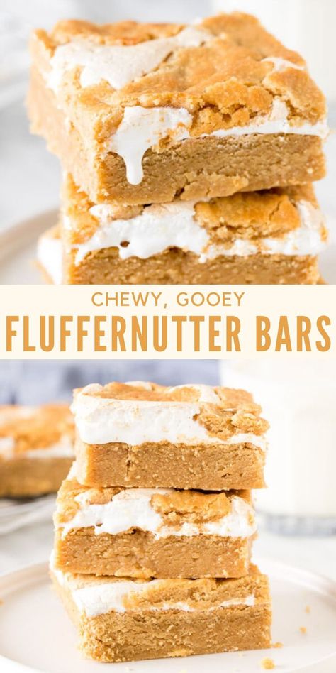 2 photos of fluffernutter bars Fluffernutter Bars, Marshmallow Desserts, Fluff Desserts, Peanut Butter Cookie Dough, Salty Treats, Dessert Bar Recipe, Peanut Butter Desserts, Marshmallow Fluff, Cookie Bar Recipes