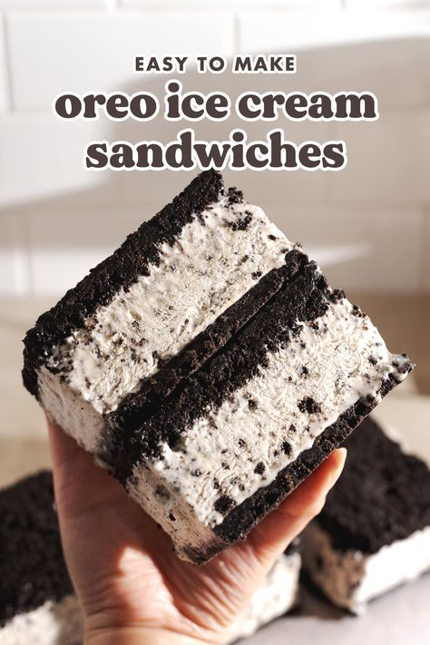 These homemade oreo ice cream sandwiches are easy to make and perfect to cool down with in the warmer months. They're made with a two ingredient oreo crust with a creamy no-churn oreo ice cream filling. #oreo #icecream #icecreamsandwich | teakandthyme.com Oreo Ice Cream Sandwich, Homemade Ice Cream Sandwiches, Ice Cream Sandwiches Recipe, I Lost 100 Pounds, Oreo Ice Cream, Ice Cream Sandwiches, Cream Sandwich, Ice Cream Cookies, Cream Desserts