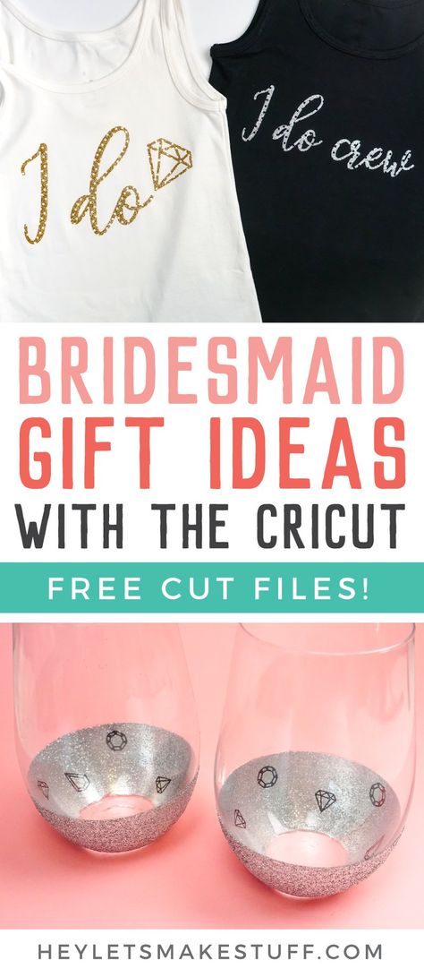 Show your bridesmaids how much you appreciate them with these personalized bridesmaid gift ideas! Get the free SVG files to make these bridesmaid shirts and peekaboo wine glasses! Peekaboo Wine Glasses, Wedding Streamers, Diy Bridesmaid Gifts, Cricut Iron On Vinyl, Bridesmaid Gift Ideas, Diy Outdoor Weddings, Bridesmaid Diy, Bridesmaid Wine, Diy Wine Glasses