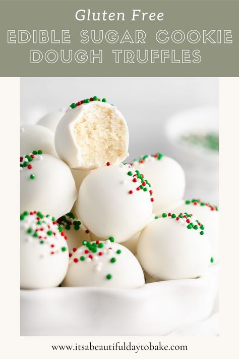 Indulge in the magic of the season with our Gluten-Free Edible Sugar Cookie Dough Truffles! These delightful bites capture the essence of holiday sugar cookies with their velvety cookie dough center, decadent white chocolate coating, and festive sprinkles. Perfect for gluten-sensitive individuals, these truffles are a must-have treat to unwrap joy and savor the gluten-free goodness of the Christmas season. Sugar Cookie Truffle Balls, Gluten Free Cake Balls, Sugar Cookie Balls, Edible Cookie Dough Bites, Edible Sugar Cookie Dough, Healthy Sugar Cookies, Gluten Free Cookie Dough, Christmas Truffles, Holiday Sugar Cookies