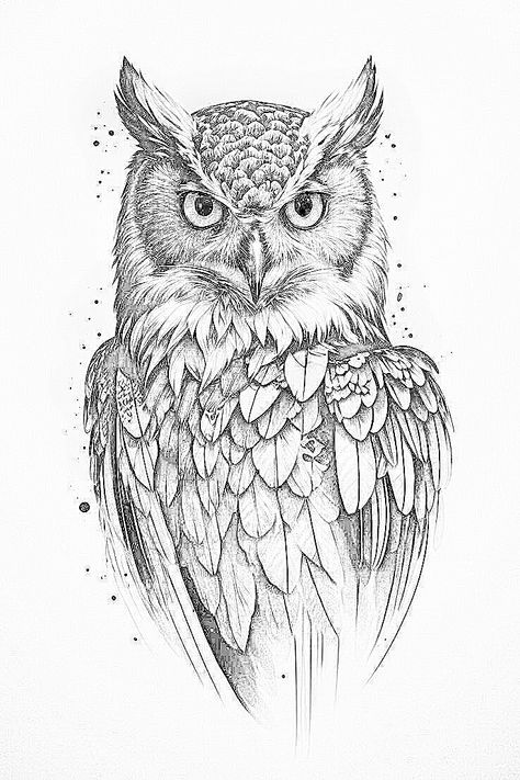 Great Horned Owl Tattoo Drawing, Realistic Owl Tattoo Design, Owl Drawing Sketches, Great Horned Owl Drawing, Rebecca Tattoo, Snowy Owl Tattoo, Owl Drawing Simple, Cool Animal Tattoos, Owl Tattoo Chest