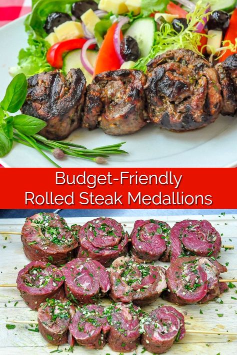 Herb and Garlic Rolled Steak Medallions. An economical way to serve grilled steak which includes a delicious method for infusing herb and garlic flavours into the meat. ##familyfriendly #budgetmeals #budget #mealplanning #grilling #BBQ #barbecue #steak #beefrecipes #summer #summerrecipes Medallion Steak Recipe, Rolled Steak, Steak Medallions, Barbecue Steak, Garlic Rolls, Bbq Pork Ribs, Pork Rib Recipes, Grilled Steak Recipes, Grilled Steak