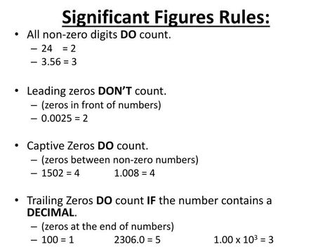 Significant Figures Rules:. All non-zero digits DO count. 24 = 2 3.56 = 3 Leading zeros DON’T count. (zeros in front of numbers) 0.0025 = 2 Captive Zeros DO count. (zeros between non-zero numbers) 1502 = 4		1.008 = 4 Chemistry Significant Figures, Significant Figures Notes, Significant Figures Rules, Significant Figures Chemistry, Scientific Notation Notes, Chemistry Tricks, School Methods, Chem Notes, Chemistry 101