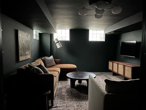 Basement Den Ideas Small, Black Finished Basement, Dark Basement Ideas Low Ceilings, Moody Home Theater, Small Dark Basement Ideas, Cozy Moody Basement, Small Room Man Cave, Monochromatic Basement, Moody Dark Basement