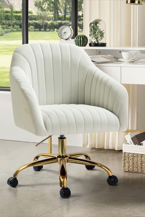 I have been obsessed with this swivel chair recently because it perfectly matches the aesthetic of my room. The off white is always a very classy look and the gold detailing easilly adds to the clean girl aesthetic #college #dorm #cleangirlaesthetic Desk Chair Modern, Bedroom Necessities, Cute Computer, Chair Wheels, Home Office Desk Chair, Aesthetic College, Swivel Chair Desk, Dream Future, Dream Office