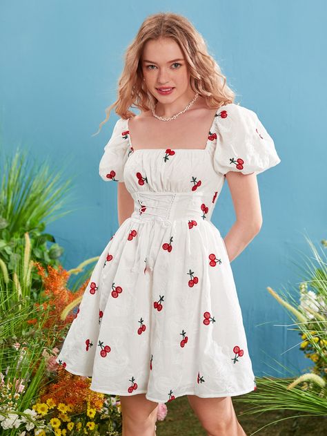 SHEIN MOD Cherry Print Ruched Bust Puff Sleeve Dress White Dress With Cherries, Short Aesthetic Dress, Cherry Dress Aesthetic, Cherry Dress Outfit, White Cherry Dress, Picnic Dresses, Cherry Stuff, Strawberry Print Dress, Fruit Dress