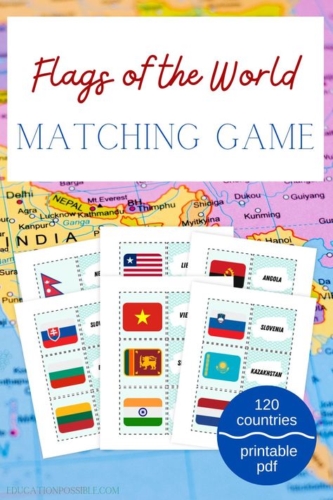 Make learning about world flags fun and interactive with this printable Flags of the World Matching Game! This geography activity will help test your kids' knowledge of 120 world flags. Download now and help your kids become an expert on international flags. Geography Games Middle School, Printable Flags Of The World, World Flags Printable, All World Flags, Printable Flags, Around The World Games, Coloring Pages Ideas, Geography Games, World Puzzle