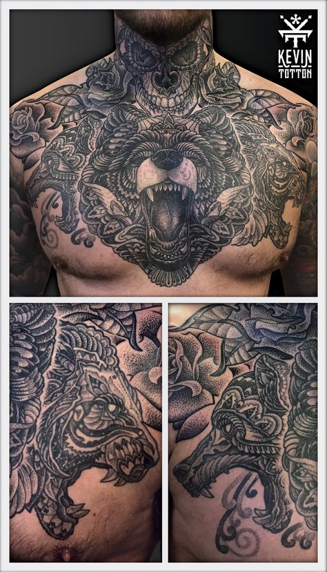 Native American Totem Tattoos, Bear Chest Tattoo Men, Chest And Neck Tattoos Men, Head And Neck Tattoo, Norse Chest Tattoo, Trap Tattoos Men Shoulder, Viking Chest Tattoo Men, Full Chest Tattoo Men, Bear Tattoos For Men