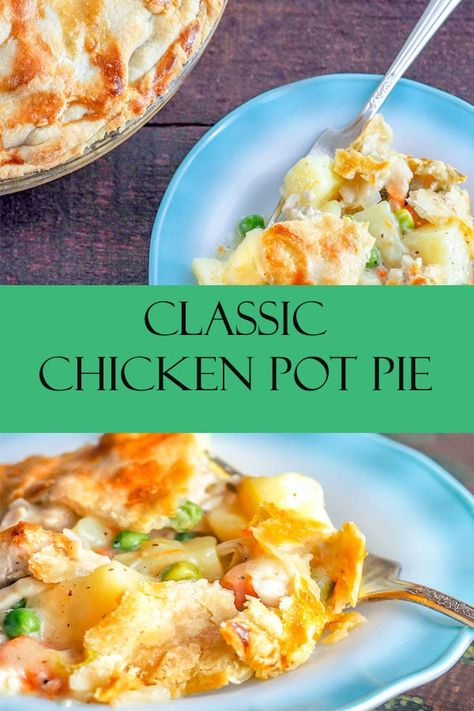 A satisfying cool weather comfort food this chicken pot pie is a classic family dinner that will please the pickiest eater! Perfectly seasoned chicken that has been cooked until fork tender then added to savory cooked potatoes and carrots in a cream sauce then baked in a pie crust until golden brown. A great budget friendly meal that can use up the leftovers in your fridge! #mondayismeatloaf #chickenpotpie #chickenpotpierecipe #chickenpotpiecasserole #chickenpotpieeasy Chicken Pot Pie Damn Delicious, Damn Delicious Chicken Pot Pie, Chicken Pot Pie With Potatoes Recipe, Chicken Pot Pie Recipe Instant Pot, Chicken Pot Pie Casserole With Potatoes, Easy Chicken Pot Pie With Potatoes, Chicken Pot Pie With Potatoes, Pot Pie With Potatoes, Damn Delicious Chicken