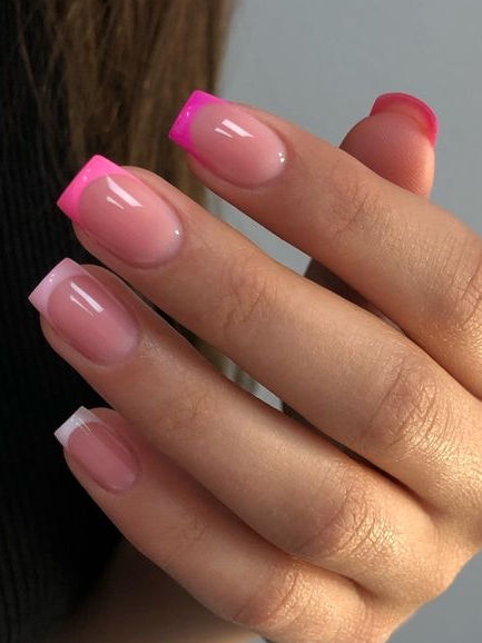 pink French tip nails: vertical ombre Nails French With Color, Pink Over Pink French Tip, French Tip Short Nails Pink, French Nails With Different Color Tips, Acrylic Nail Designs Pink French Tips, Nice Nail Polish Colors, Different Shade Pink French Tip Nails, Different Shade Of Pink French Tip Nails, Pink Tip Design Nails