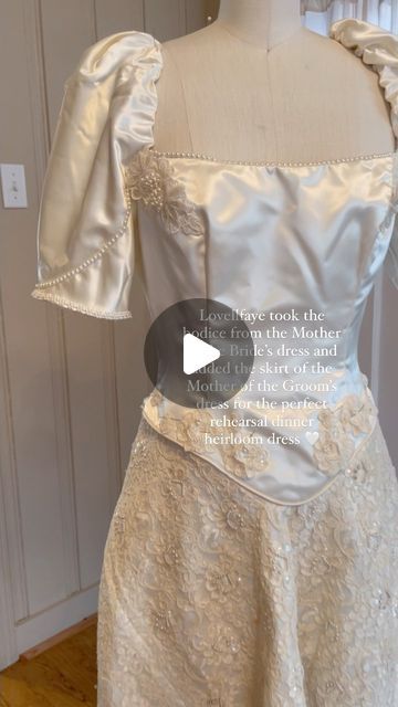 Lovellfaye Bridal on Instagram: "When talking about heirloom dresses, we can’t help but gush over this gorgeous honoring of two mothers! There is always a way to bring your idea to life and we love how this bride and Lovell brought her idea to life so beautifully 🤍 

#mothersweddingdressremade #mothersweddingdressreconstructed #mothersweddingdress #rehearsaldinner 

Custom designer, Dallas bride, bride to be, engaged, bridal accessories, New York bride, mothers wedding dress, heirloom dress, vintage bride" Vintage Wedding Dress Redesign, Moms Wedding Dress Redone Ideas, Heirloom Wedding Dress, Mother Of The Bride Dresses Vintage, There Is Always A Way, Mom Wedding Dress, New York Bride, Heirloom Dresses, Heirloom Wedding