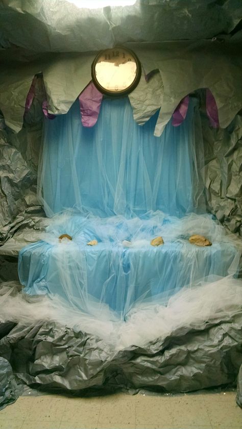 Cave Quest Cavern Cafe Vbs Waterfall, Cave Quest Vbs, Waterfall Decoration, Cave Quest, Weird Animals Vbs, Ganpati Decoration Theme, Vbs Decorations, Jungle Decorations, Ocean Theme Classroom