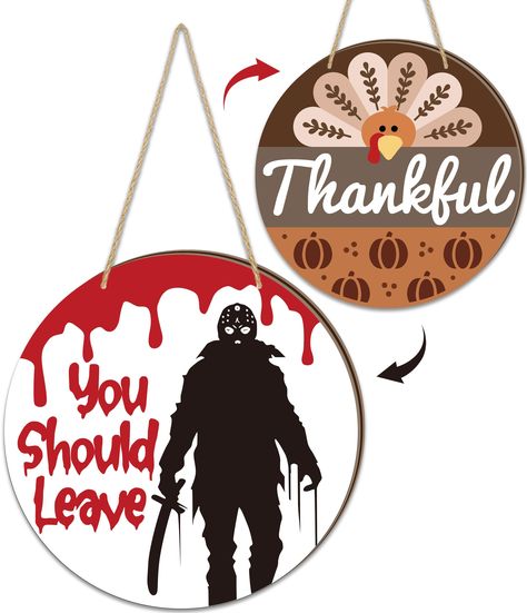 PRICES MAY VARY. Unique Design: Our 2 in 1 round double sided door hanger is suitable for horror halloween party decorations and Thanksgiving decorations. One side features a horror character pattern and the letters you should leave, the other side features a cute turkey, pumpkin pattern and the letters thankful. Printed on both sides with different pattern suitable for both holidays is the best feature of our horror halloween party decorations and Thanksgiving decorations door hanger. Premium M Door Decorations For Halloween, Round Door Signs, Decorations For Halloween, Thankful Sign, Turkey Pumpkin, Character Pattern, Halloween Party Decorations, Wooden Door Signs, Horror Decor