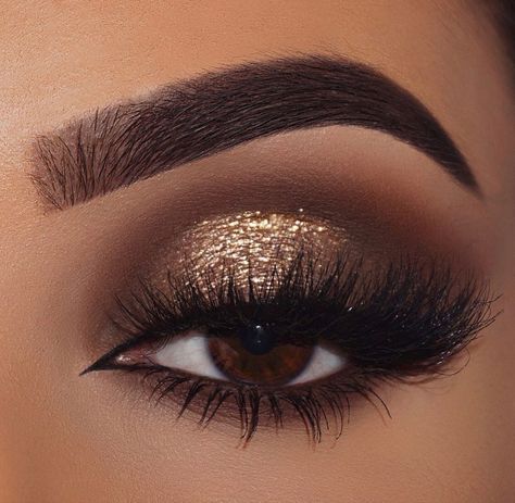 Eye Makeup For Night Wedding, Goldish Eye Makeup, Brown Smokey Eye With Gold Shimmer, Bridesmaids Makeup Smokey Eye, Wedding Makeup For Brown Eyes Dramatic, Smokey Eye With Gold Makeup, Gold Smoky Eyeshadow Tutorial, Brown Smokey Eye Glitter, Wedding Makeup For Gold Dress