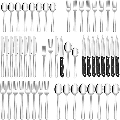 Amazon.com: HIWARE 48-Piece Silverware Set with Steak Knives for 8, Stainless Steel Flatware Cutlery Set For Home Kitchen Restaurant Hotel, Kitchen Utensils Set, Mirror Polished, Dishwasher Safe : Everything Else Stainless Steel Silverware, Table 8, Eating Utensils, Kitchen Utensil Set, Candle Light Dinner, Stainless Steel Cutlery, Stainless Steel Flatware, Form Design, Steak Knives