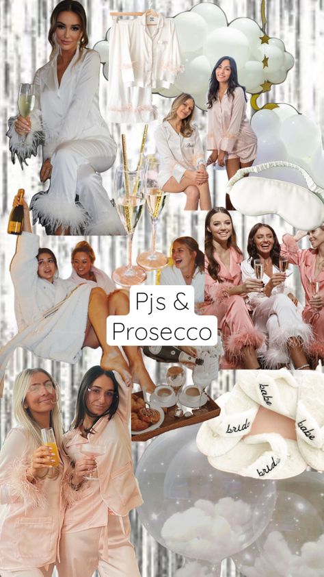 Bachelorette Party Event Ideas, Bachlorette Party Inspiration, Bachelorette Party Themes Champagne, Boujee Bachelorette Party Themes, Bachelorette Sleepover Aesthetic, Pizza Night Bachelorette, Bach Party Sleepover, Prosecco And Pajamas, Pjs Polaroids And Prosecco