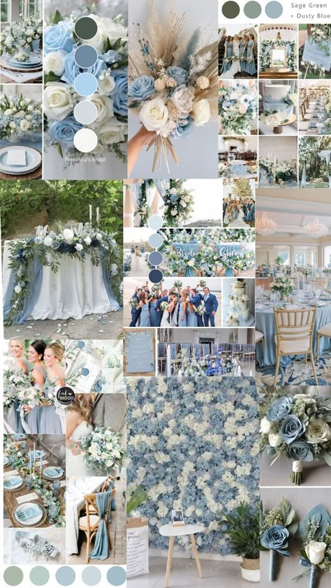 Bridgerton Wedding Color Palette, Wedding Mood Board Color Palettes Summer, Light Blue Wedding Palette, Dusty Blue Color Palette Wedding, Coastal Fall Wedding, Dusty Blue Wedding Palette, Light Blue And Navy Wedding, Wedding Blue Color Schemes, White And Light Blue Wedding