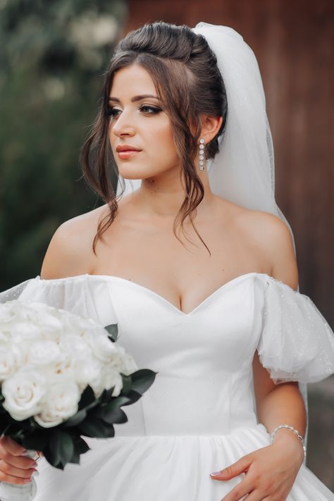 high bun hairstyles High Bun And Veil, Bridal High Updo With Veil, High Bun Styles, High Bun With Veil, Bridal High Bun, Bun With Veil, Updo Veil, High Updo, Engagement Gown