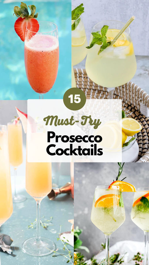 Prosecco Cocktails Easy Prosecco Cocktail Recipes, Cocktail Recipes With Prosecco, What To Mix With Prosecco, Lemon Prosecco Cocktail, Drinks To Make With Prosecco, Prosecco Drink Recipes, Gin And Prosecco Cocktails, Easy Fancy Cocktails, Drink Recipes With Prosecco