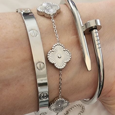 Beautiful Silver Stackable Bracelets. Clovers, Love, Nail. Non Tarnishing. White Silver Bracelet, Luxury Bracelet Stack Silver, Silver Jewellery Bracelet Stack, Silver Bracket Stack, Silver Jewelry Combo, Designer Jewelry Silver, Luxury Silver Bracelet, Silver Stack Jewelry, Silver Jewellery Styling