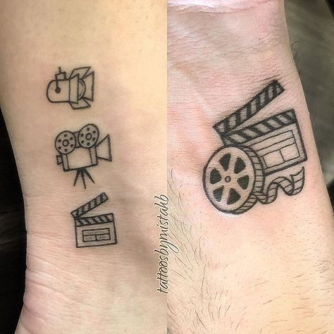 Film Tattoo Lights Camera Action Tattoo, Projector Tattoo, Filmmaking Tattoo, Movie Themed Tattoos, Small Movie Tattoos, Filmmaker Tattoo, Cinema Tattoo Ideas, Camera Film Tattoo, Movie Tattoo Ideas