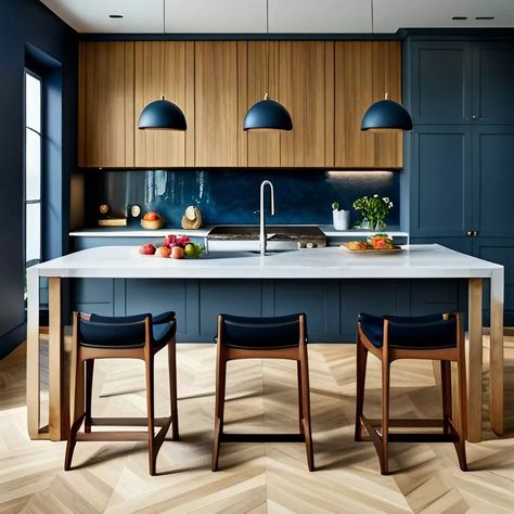 Navy Kitchen Ideas: The Complete Handbook for Stylish Spaces Blue And Oak Kitchen Cabinets, Blue And Wood Kitchen Ideas, Small Navy Kitchen, Navy And Wood Kitchen, Navy Kitchen Design, Blue And Wood Kitchen, Navy Kitchen Ideas, Kitchen Navy, Modern Retro Kitchen