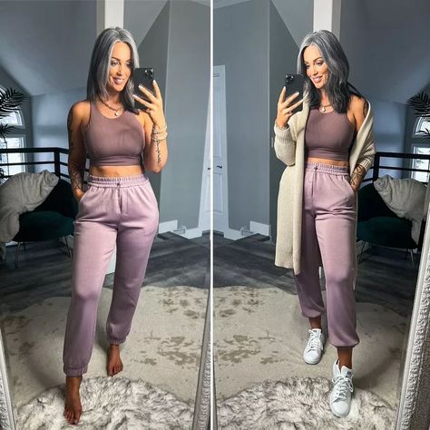 Purple Joggers Outfit Women, Purple Joggers Outfit, Jogger Outfits, Joggers Outfit Women, Dusky Purple, Purple Joggers, Sweatpants Outfits, Ankle Pants Women, Baggy Sweatpants