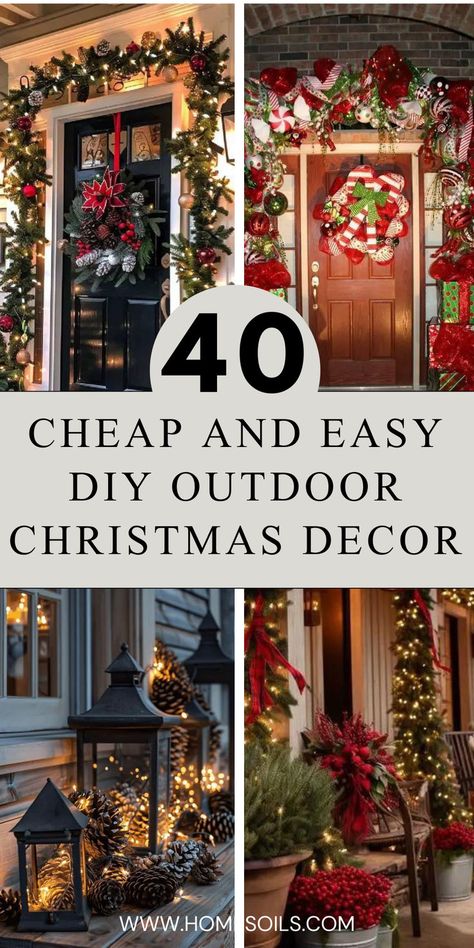 Discover 40 cheap and easy DIY outdoor Christmas decoration ideas to bring holiday cheer to your home. Use simple materials like lights, wreaths, and repurposed items to create festive displays without breaking the bank. Click here for creative tips and step-by-step guides! Christmas Landscaping Ideas, Christmas Lights Outside House Ideas Diy, Christmas Outdoor Decorations Shepherds Hook, Christmas Outdoors Ideas, Outdoor Christmas Decorations Small Yard, Cheap Christmas Porch Decorating Ideas, Do It Yourself Outdoor Christmas Decorations, Christmas Home Outdoor Decor, Easy Outdoor Holiday Decorations