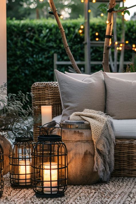 Create a cozy and welcoming vibe at night with soft mood lighting. Whether it's lanterns, wall-mounted fixtures, or tabletop candles, these options can cast a gentle glow that sets a warm and inviting atmosphere. How To Style A Patio Outdoor, Outdoor Centerpiece Ideas, Deck Styling Outdoor, Outdoor Lanterns Patio, Cozy Porches, Cozy Outdoor Spaces, Cozy Patio Ideas, Outdoor Pavillion, Patio Wall Decor